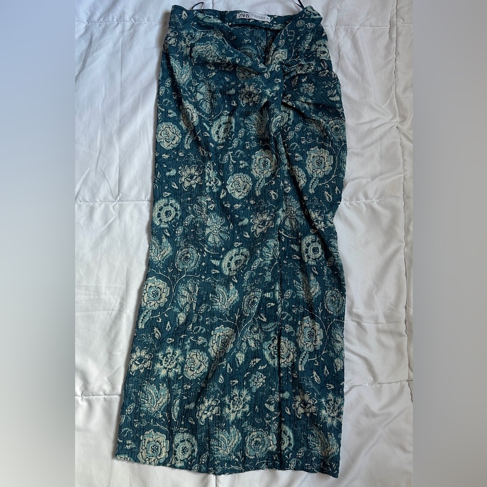 Floral Midi Skirt in Teal and Cream